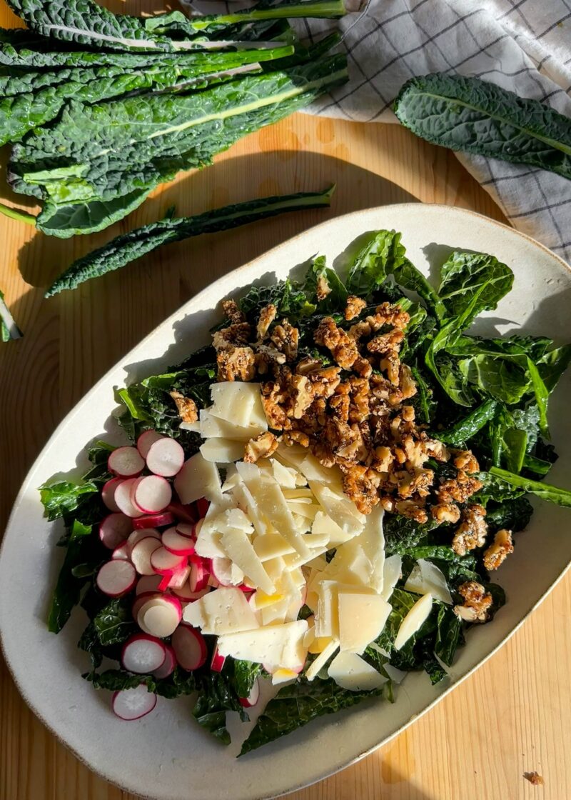 Winter Kale Salad with Gouda, Walnuts & Radishes