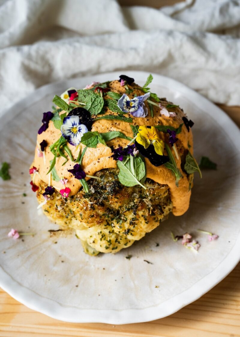 Whole Roasted Cauliflower with Romesco Sauce